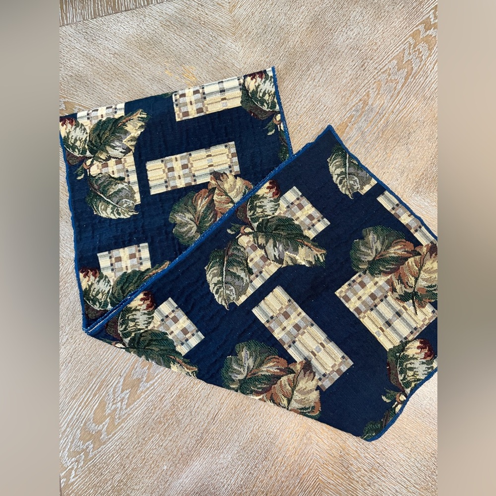 Table Runner Blue Background Leaves Print 15” X 70” Brocade
